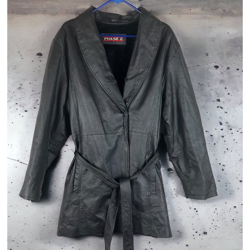 Phase 2 Vintage Leather Coat Removable Faux Fur Lined Belted